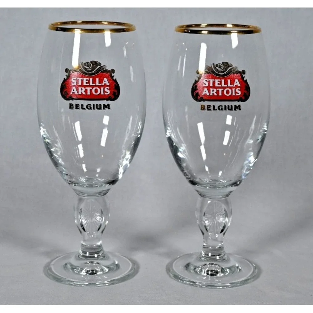 Set of 2 Stella Artois Belgium Beer Chalice Glasses 33cl Gold Rim